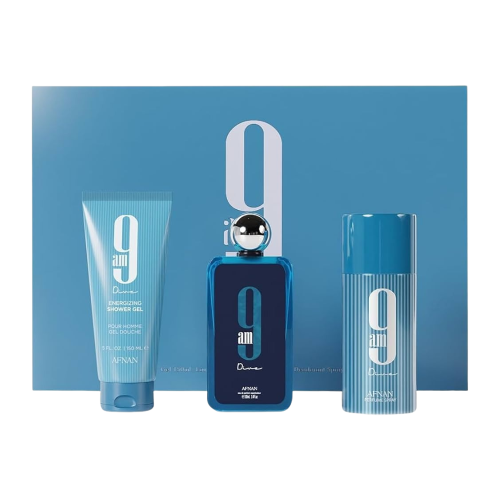Afnan 9 am Dive Set EDP 100ml + Deo sprej 150ml + Gel za tuširanje 150ml