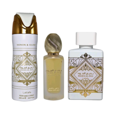 Lattafa Honor and Glory Set 100ml EDP + 200ml Parfemski sprej + 300ml Osvježivač zraka